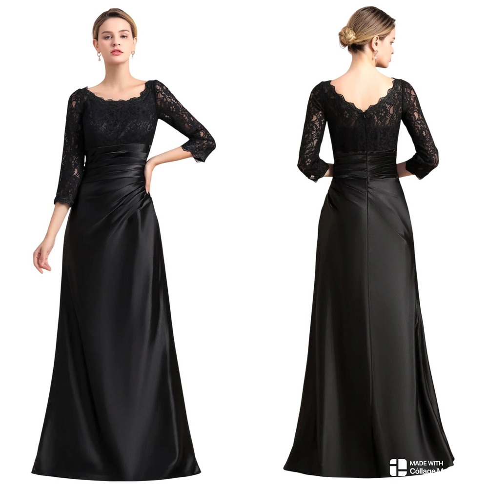 Miusol Evening Gown Womens L Black Lace Satin A-Line Formal Maxi Dress Elegant